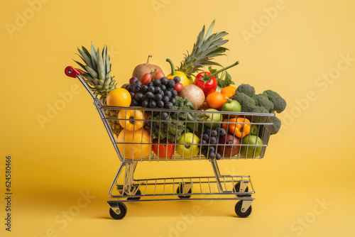 shopping trolley full with vegetables and fruits on supermarket background, generative AI