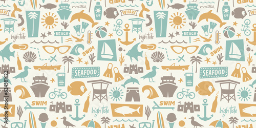 Seamless Beach Wallpaper   Repeating Coastal Pattern   Summer Vacation Background    Retro Travel Illustration   Family Vacation Design   Nautical Icons