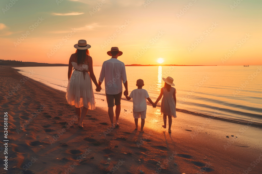 Parents are holding hands their children and walking on the beach at sunset. Generative AI Parents are holding hands their children and walking on the beach at sunset. Generative AI
