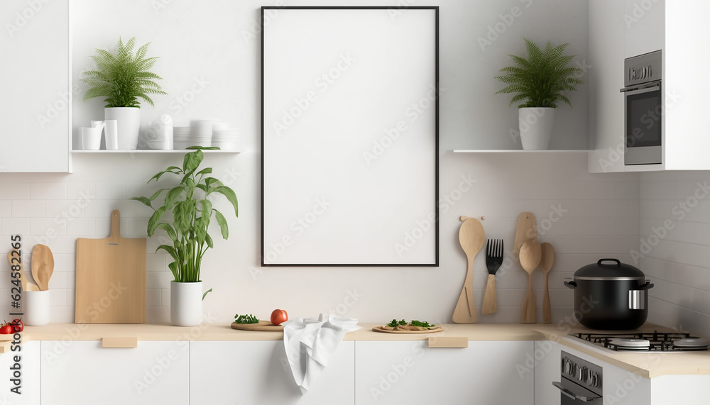 White poster on a wall with blank frame mockup. Generative AI. White poster on a wall with blank frame mockup. Generative AI.