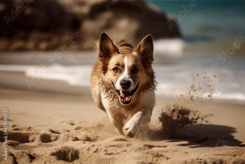 Cachorro correndo na praia feliz molhado divertido petshop pet areia mar verão diversão  © mediagroup.digital