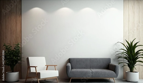Realistic empty wall for logo mockup in office lobby. Generative AI. © BornHappy