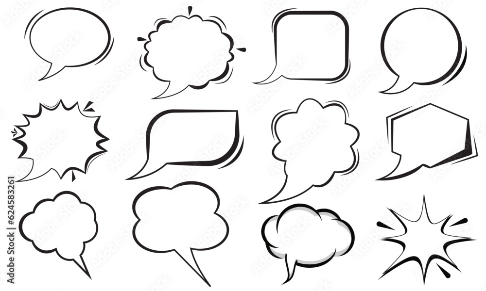 Obraz premium Blank comic bubbles and elements with black shadows in pop art style. Comic speech. Abstract creative vector collection white blank bubble comic text. Dialog window. Blank white banner for sale.