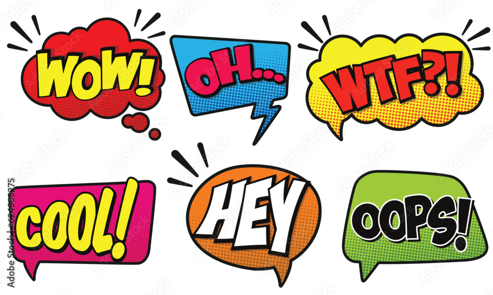 Fototapeta premium Set of bright cool and dynamic comic speech bubbles for different emotions and sound effects. comic bubble speech.