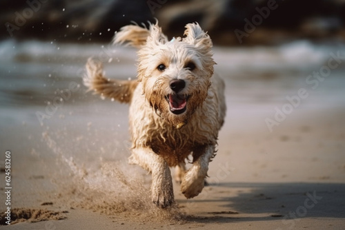 Cachorro correndo na praia feliz molhado divertido petshop pet areia mar verão diversão  photo