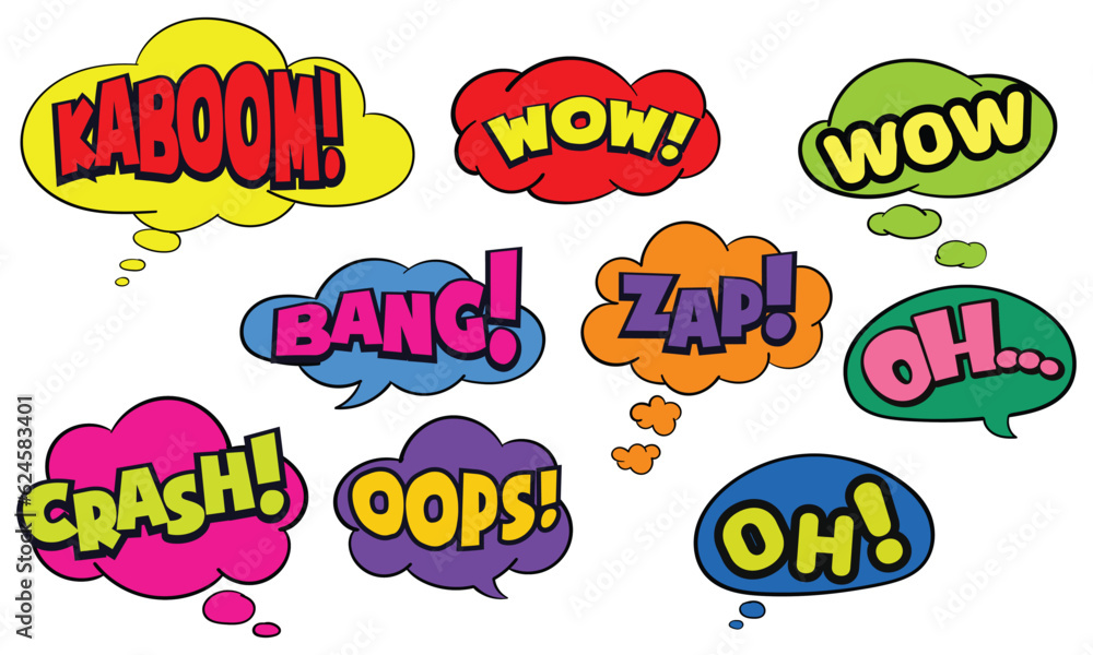 Collection of Cartoon, Comic Speech Bubbles. Colored Dialog Clouds with Halftone Dot Background in Pop Art Style Collection of Cartoon, Comic Speech Bubbles. Colored Dialog Clouds with Halftone Dot Background in Pop Art Style