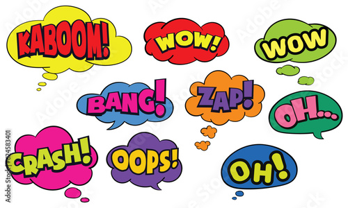 Collection of Cartoon, Comic Speech Bubbles. Colored Dialog Clouds with Halftone Dot Background in Pop Art Style