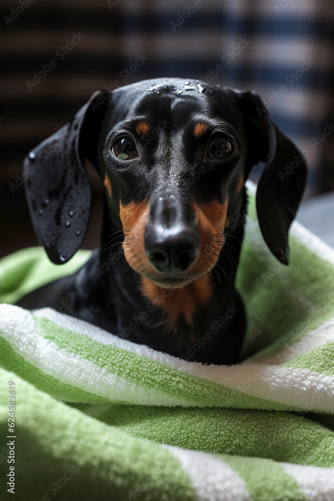Cachorro Dachshund salsicha preto enrolado na toalha banho petshop molhado cuidado carinho amor tratamento