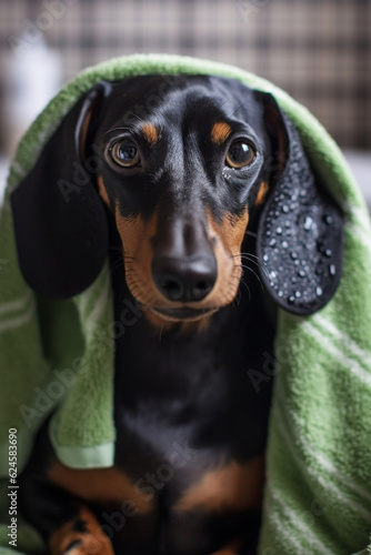 Cachorro Dachshund salsicha preto enrolado na toalha banho petshop molhado cuidado carinho amor tratamento © mediagroup.digital