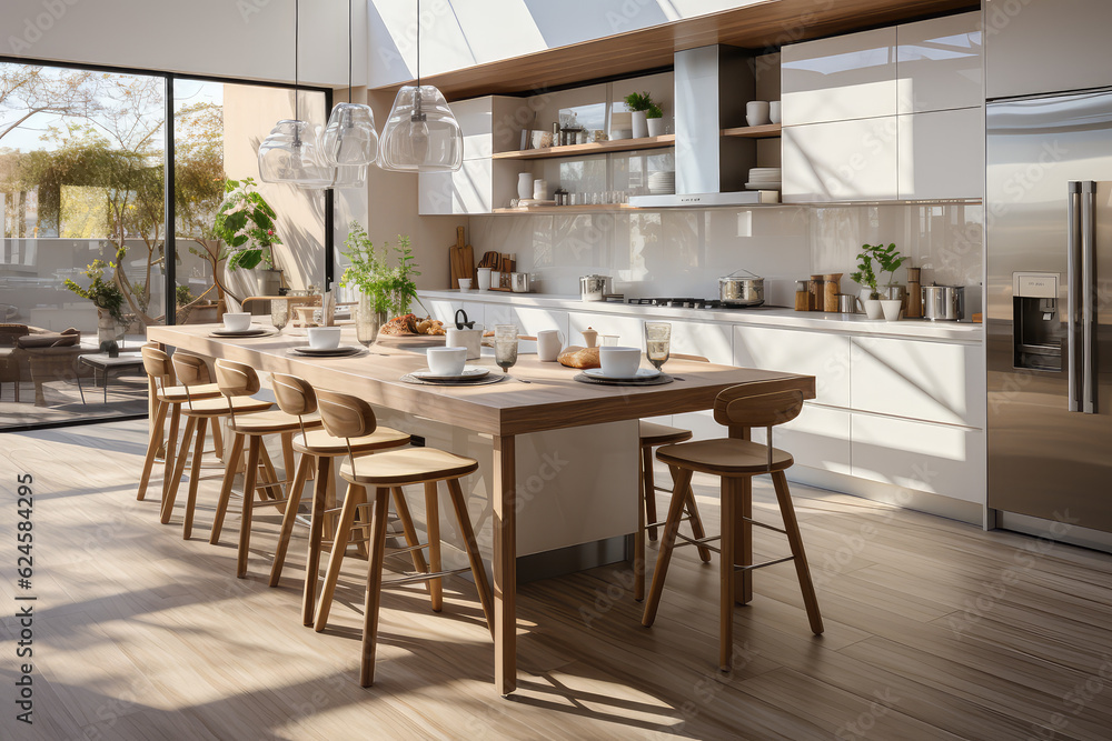 Modern and stylish interior design of a kitchen with a touch of luxury and elegance. Created with generative AI technology.