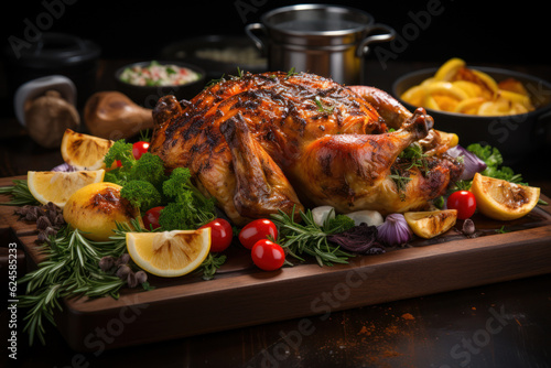 Savoring Delights: A Captivating Composition of Roasted Chicken in a Fantastic Display. Generative AI