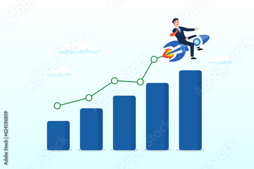 Businessman riding rocket on growth bar graph or rising up revenue chart, business growth, investment profit increase, growing fast or improvement sales and revenue, progress or development (Vector)