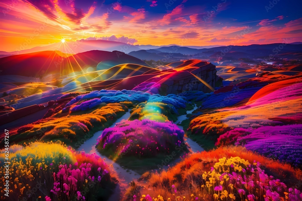 Create a mesmerizing landscape with vibrant colors and a stunning sunset.