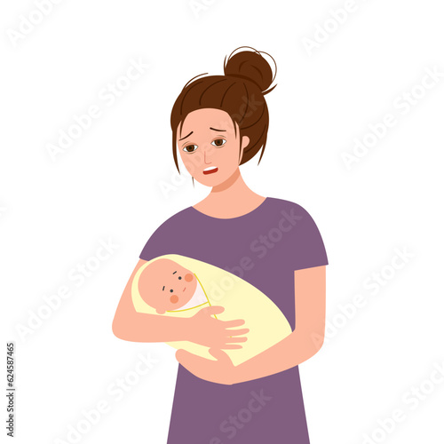 Tired mom holding baby in her arms in flat design on white background.