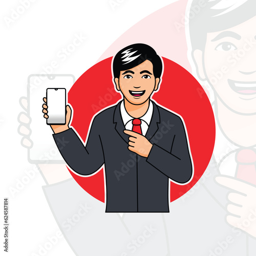 businessman cartoon character holding smartphone and showing blank screen design