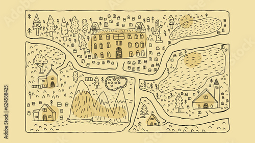 fantasy map freehand sketch doodle village with mountain, frees, roads and houses