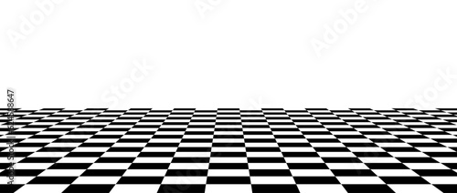 Black and white checkered tile floor in perspective. Abstract checkerboard texture landscape. Horizontal chessboard plane surface. Empty room background. Vector illustration