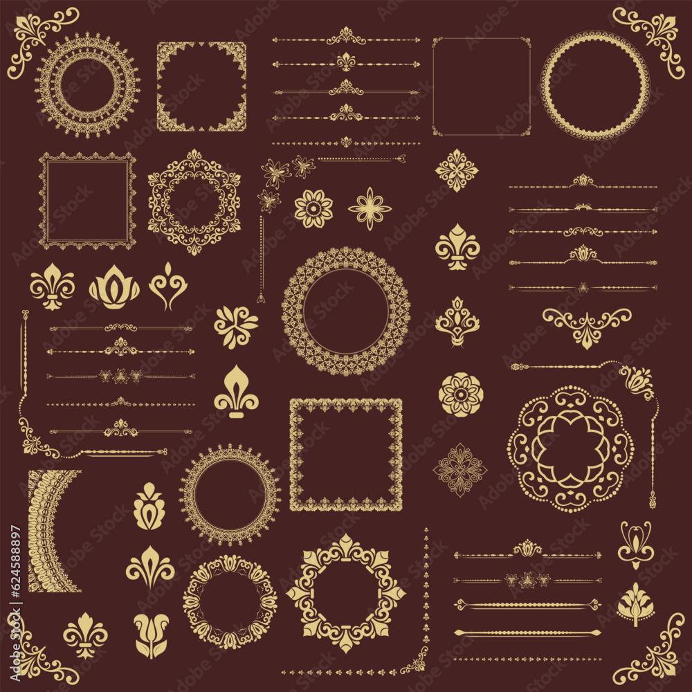 Vintage set of vector golden horizontal, square and round elements. Elements for backgrounds and frames. Classic patterns. Set of vintage patterns