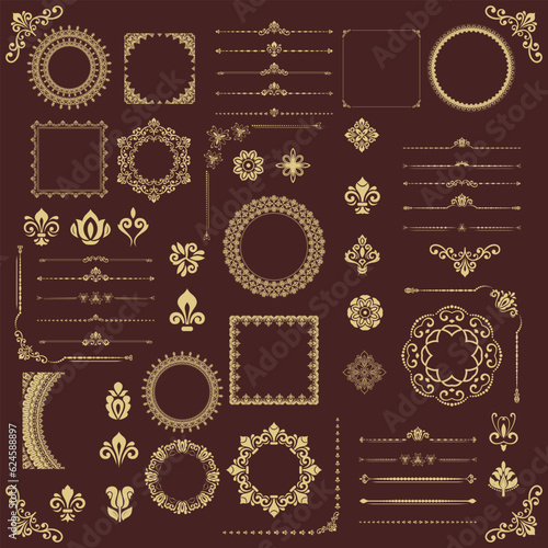 Obraz na płótnie Vintage set of vector golden horizontal, square and round elements. Elements for backgrounds and frames. Classic patterns. Set of vintage patterns w salonie