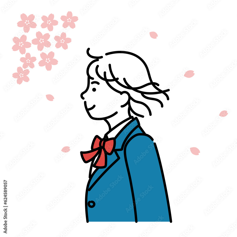 Obraz premium 女子学生の横顔シンプルイラスト 桜の季節