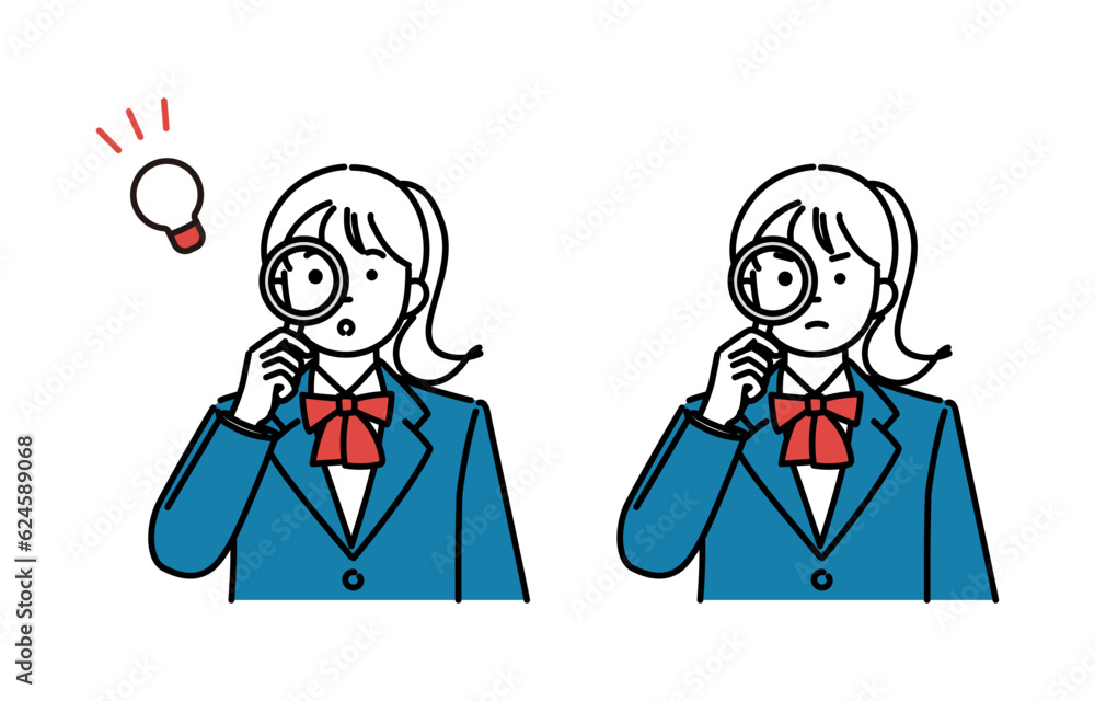 虫メガネを覗く女子学生のシンプルイラスト　2ポーズセット
