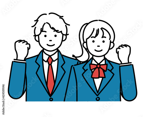 ガッツポーズをする男女の学生のシンプルイラスト