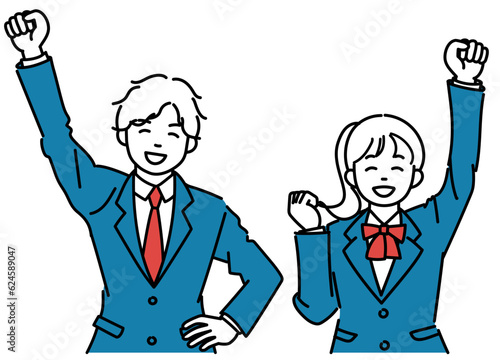 笑顔で高く拳を挙げる男女の学生のシンプルイラスト