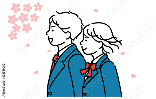 男女の学生の横顔シンプルイラスト　桜の季節