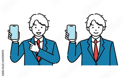 スマホを見せる男子学生のシンプルイラスト　2ポーズセット