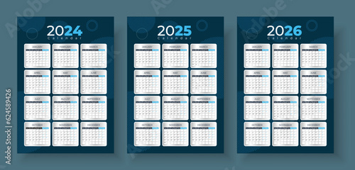 Simple calendar set for 2024, 2025, 2026 years. Simple editable vector calender. Week starts Sunday