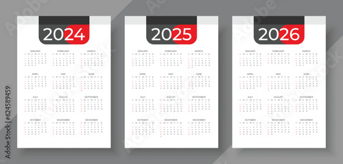 Calendar 2024, 2025, 2026. Simple vertical calendar design template. Week starts on Sunday