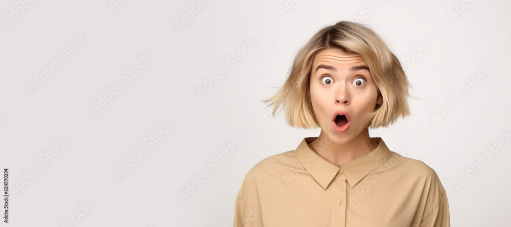 Cute impressed girl bob hairstyle staring at unexpected discount. Generative AI Cute impressed girl bob hairstyle staring at unexpected discount. Generative AI