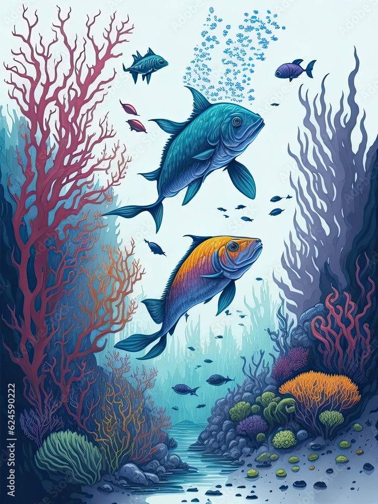 Naklejka premium fantastic beasts in the sea, Underwater world, fantacsy, watercolor colorful