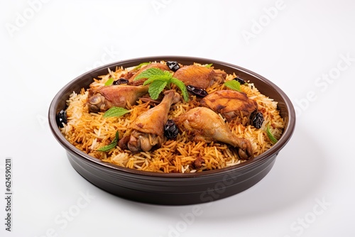 Chicken biryani on white background