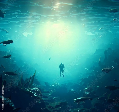 diving underwater scene with fish