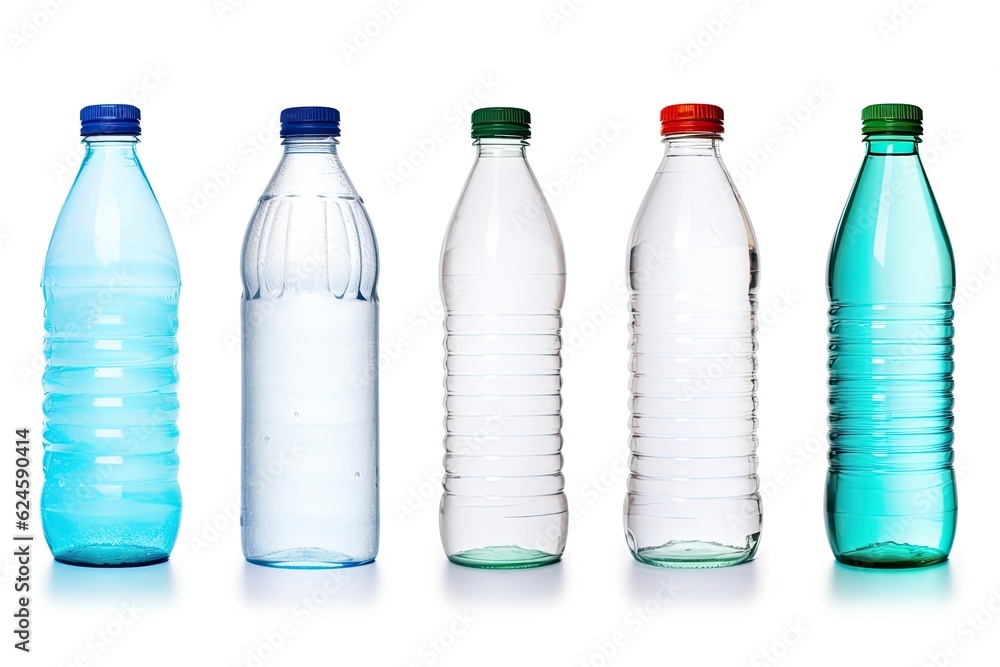 Collection of various cold bottles of water with drops isolated on white background Collection of various cold bottles of water with drops isolated on white background