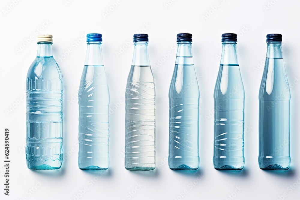 Collection of various cold bottles of water with drops isolated on white background Collection of various cold bottles of water with drops isolated on white background
