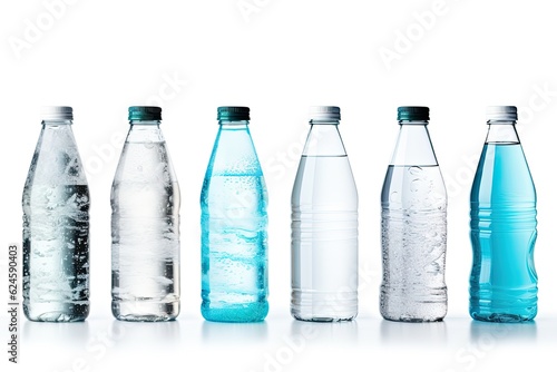 Collection of various cold bottles of water with drops isolated on white background