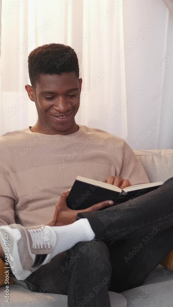 Vertical video. Book leisure. Domestic reading. Home relaxing. Happy man enjoying literature story plot comfortable cozy weekend rest on sofa. Vertical video. Book leisure. Domestic reading. Home relaxing. Happy man enjoying literature story plot comfortable cozy weekend rest on sofa.