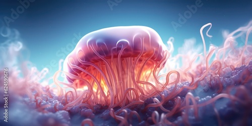 Orange neon jellyfish with long tentacles in soft blue light on the ocean floor. AI generation 