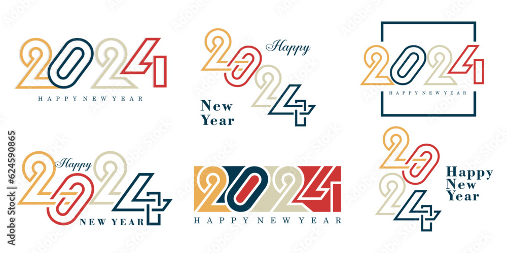 2024 Happy New Year logo text design. 2024 number design template. Vector illustration. 2024 Happy New Year logo text design. 2024 number design template. Vector illustration.