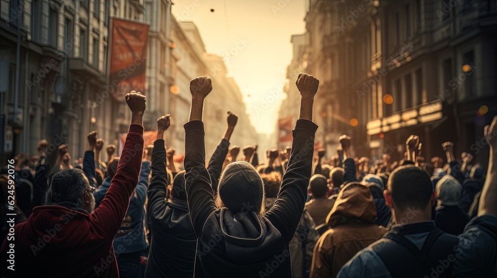 Arms raised in protest. Group of protestors fists raised up in the air. Group of protestors protesting on the street. financial crisis