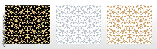 Wallpapers in the style of Baroque. Seamless vector backgrounds. Set of colored floral ornaments. Graphic patterns for fabric, wallpaper, packaging. Ornate Damask flower ornaments