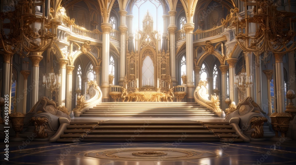 A realistic fantasy interior of the royal palace. golden palace. castle interior