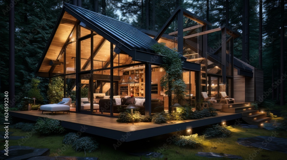 Obraz premium Modern luxury villa exterior in minimal style for luxury glamping. Glass cottage in the woods at night. Modern cabin house in deep forest 