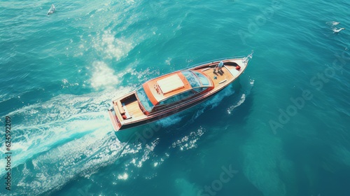 Aerial view of a luxury motor boat. Speed boat on the azure sea in turquoise blue water © Tn