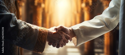 a priest and a bishop shaking hands, in the style of light white and gold