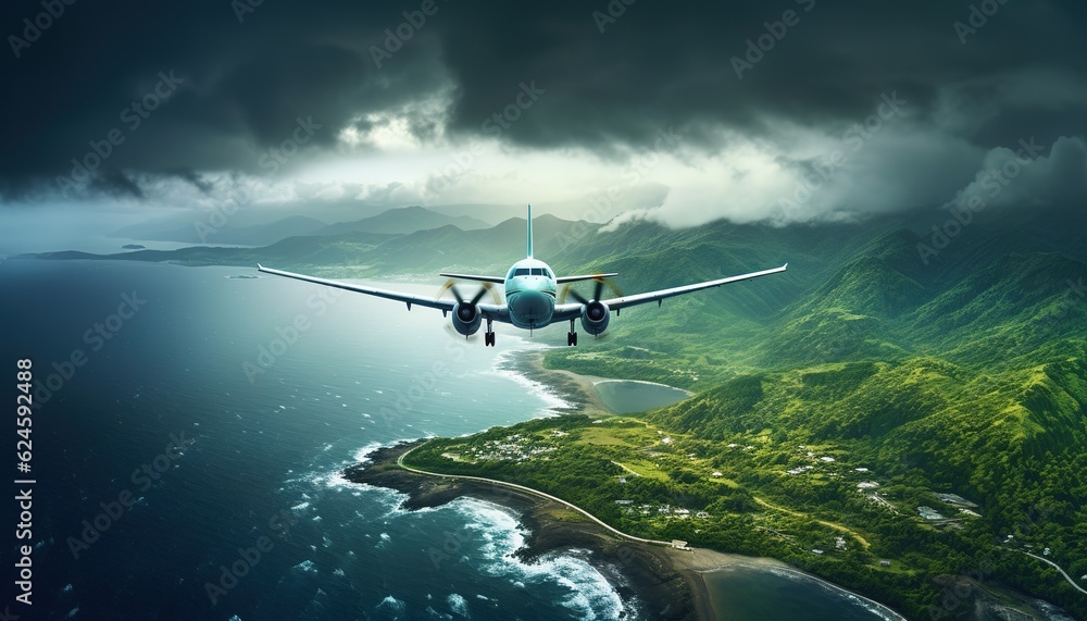 Naklejka premium airplane flyover the island and ocean