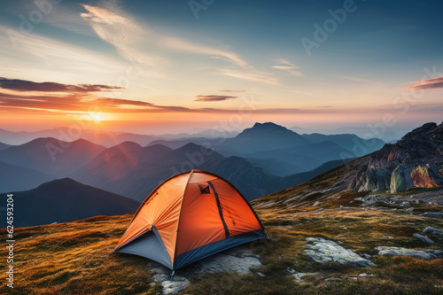 Tourist tent in the mountains at dawn in the summer © Venka