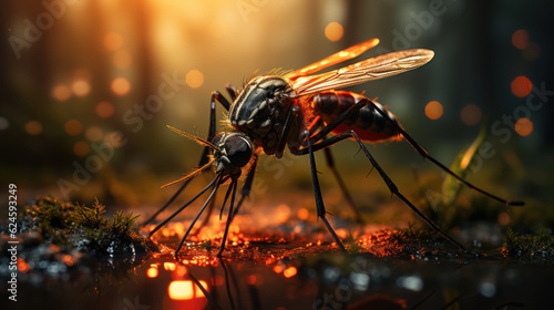 Nature's Intricacies: Capturing the Delicate Encounter of a Mosquito Alighting on a Puddle. Generative AI